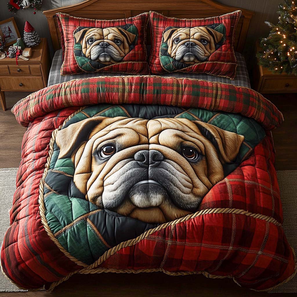 3D Bulldog Quilt Set – Warm Plaid Bedding for Pet Lovers