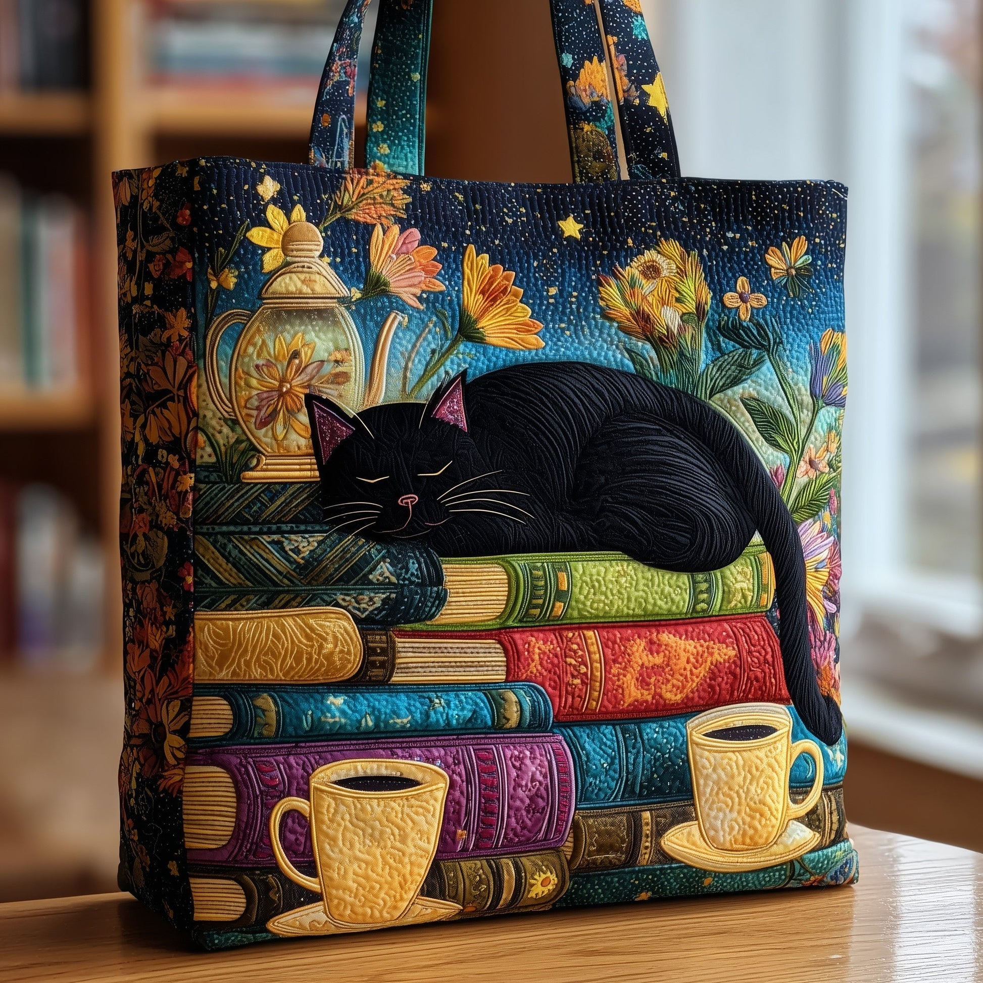 Black Cat Tote Bag, Cozy Book Lover Tote, Floral Book Stack Cat Bag, Cute Cat and Coffee Tote for Readers