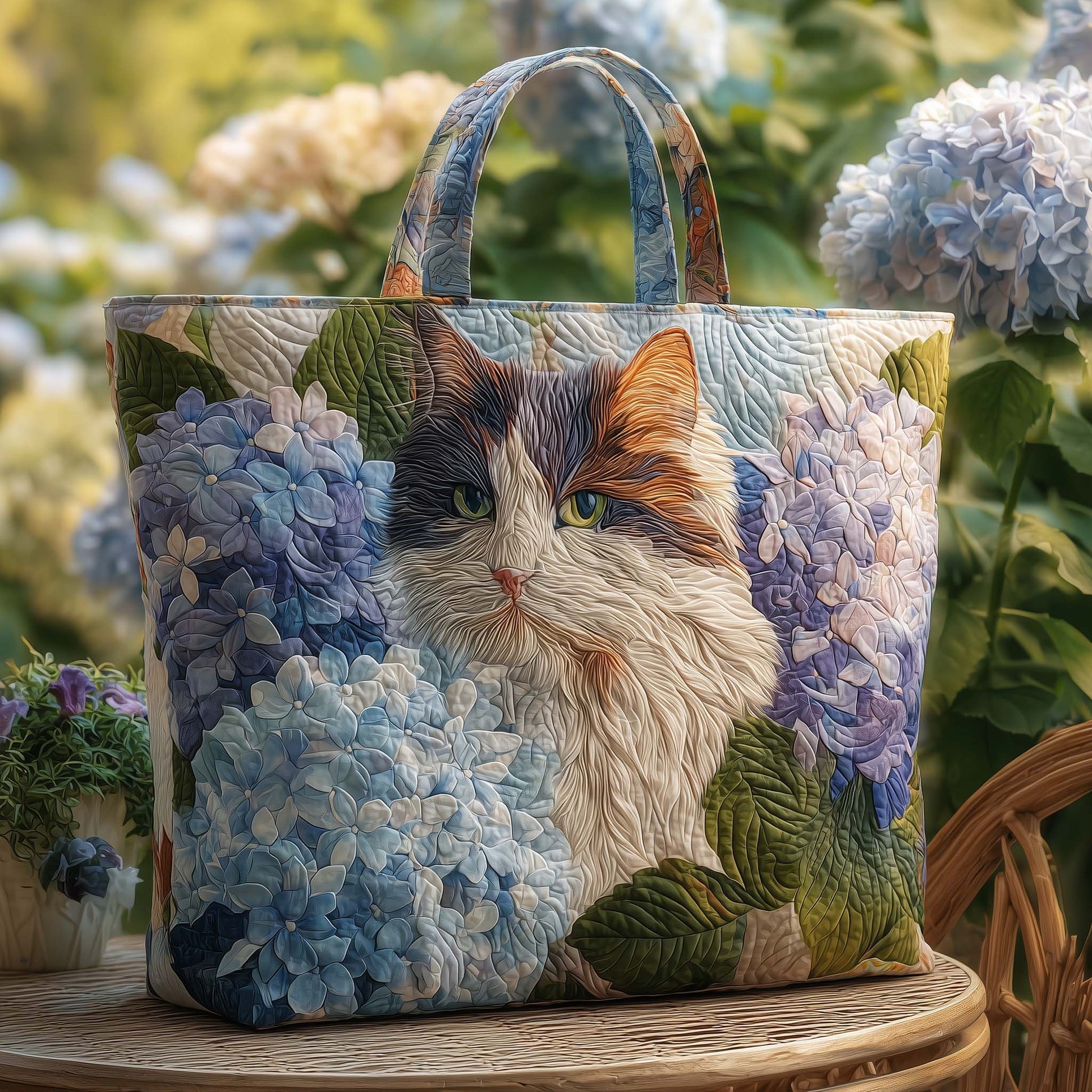 Calico Cat Tote Bag, Hydrangea Floral Cat Bag, Cute Cat Lover Gift, Quilted Tote for Women