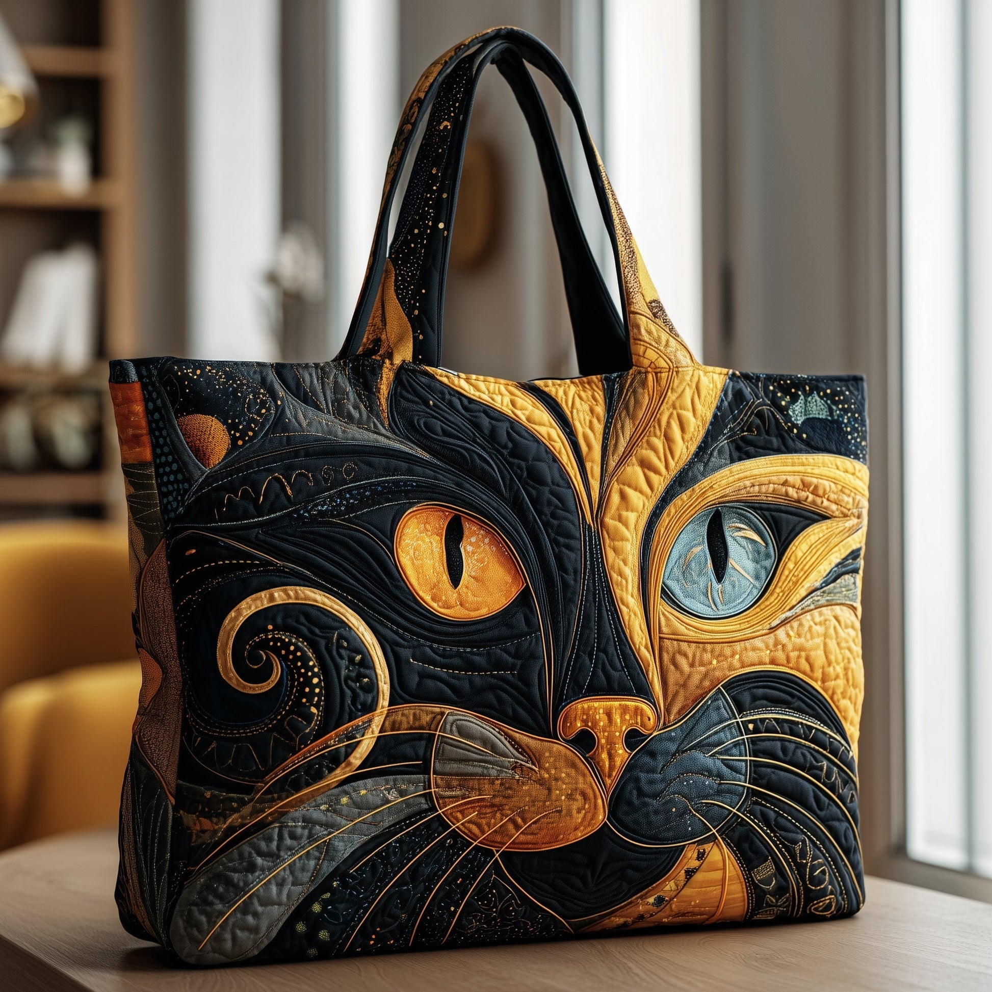 Black Cat Quilted Tote Bag – Artistic 3D Cat Face Handbag for Cat Lovers