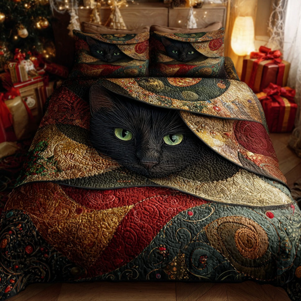 Black Cat Quilt Set – Vintage Patchwork Bedding for Cat Lovers