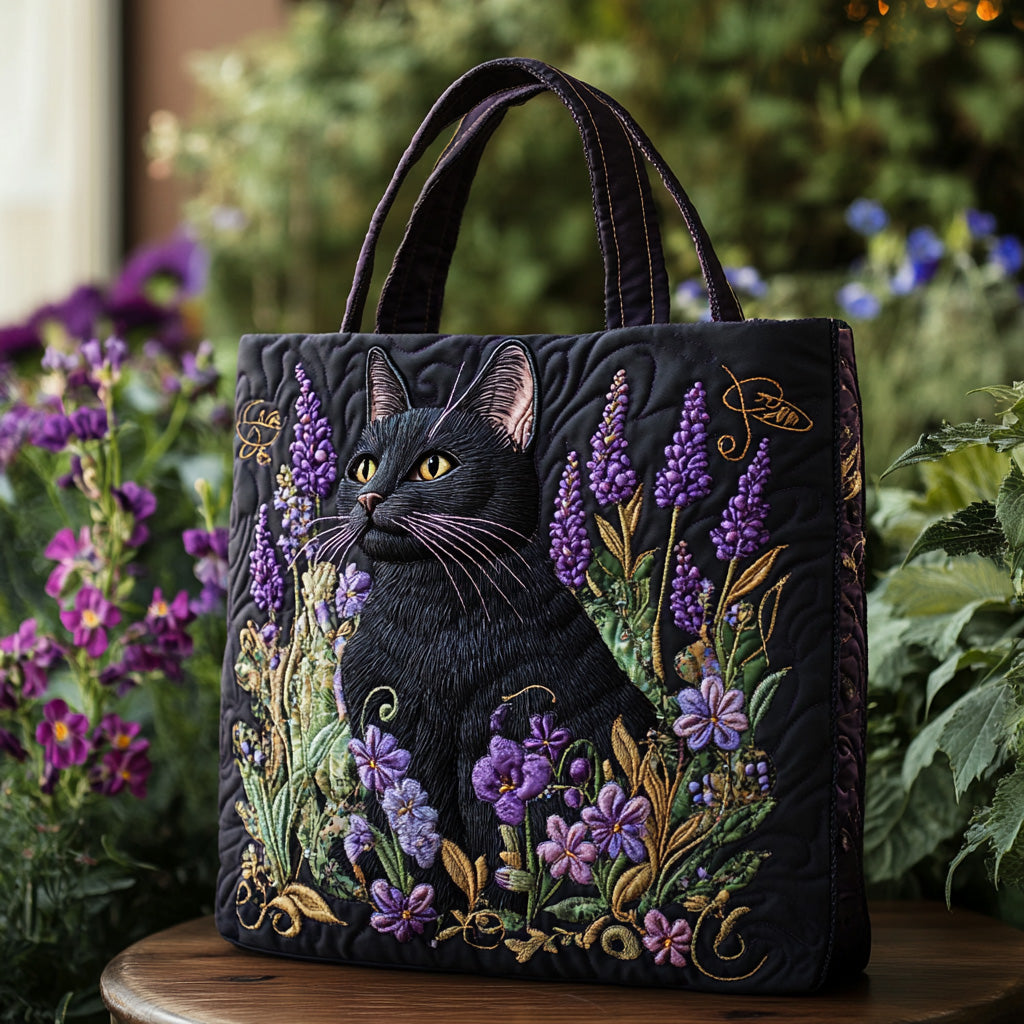 Black Cat Embroidered Tote Bag, Floral Lavender Cat Handbag, Quilted Purse for Cat Lovers