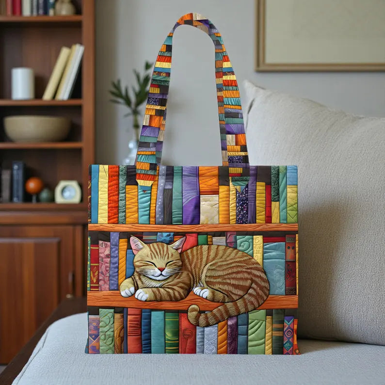 Book Lover Cat Tote Bag, Quilted Sleeping Cat on Books Tote, Cute Kitty Library Handbag, Gift for Readers & Cat Lovers, Cat Lover Gift