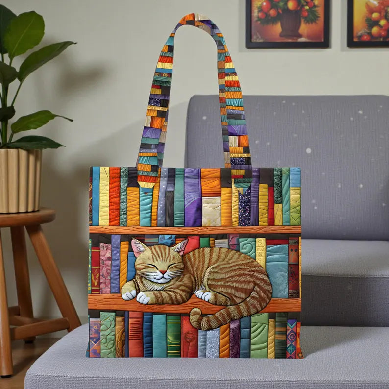 Book Lover Cat Tote Bag, Quilted Sleeping Cat on Books Tote, Cute Kitty Library Handbag, Gift for Readers & Cat Lovers, Cat Lover Gift