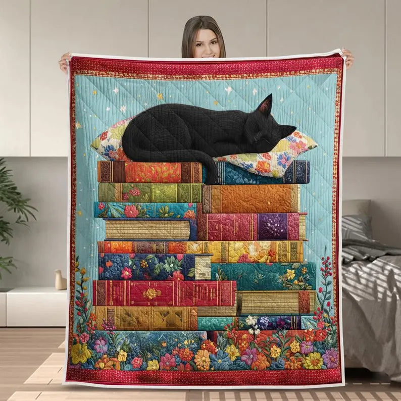 Black Cat Sleeping on Books Quilt Blanket, Book Lover Blanket, Floral Patchwork Quilt, Cozy Cat Lover Gift, Reading Room Home Decor