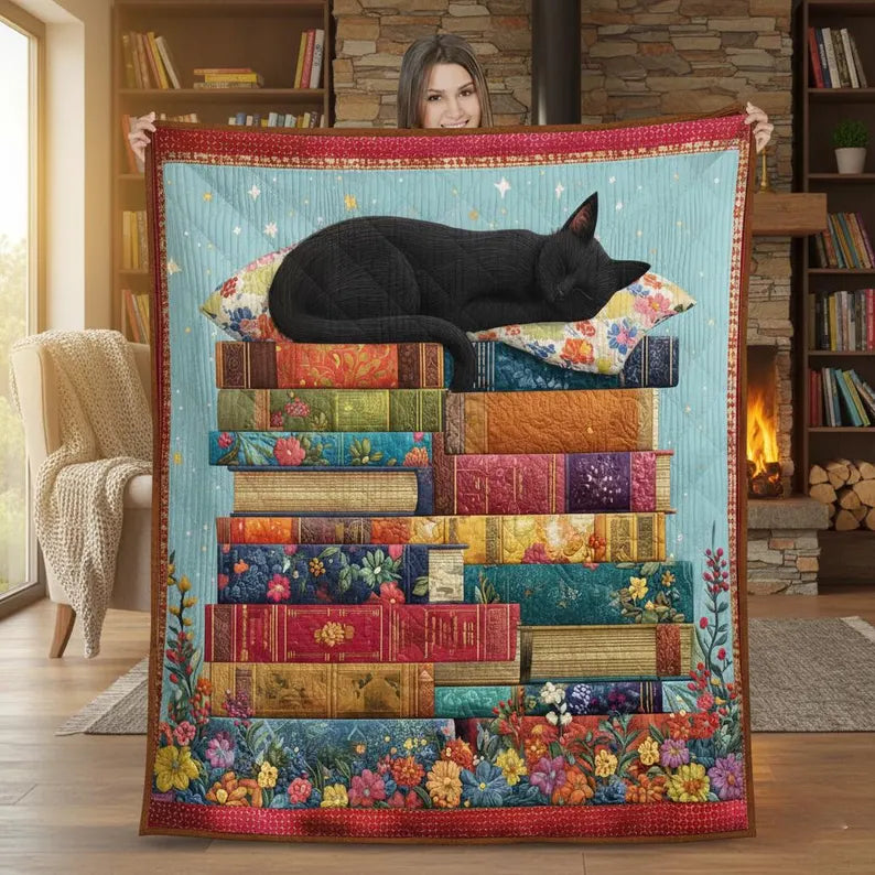 Black Cat Sleeping on Books Quilt Blanket, Book Lover Blanket, Floral Patchwork Quilt, Cozy Cat Lover Gift, Reading Room Home Decor